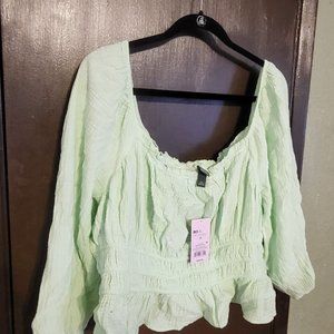 2X wild fable Mint Green Gathered Cotton Peasant Crop Blouse Bell Sleeves NWT